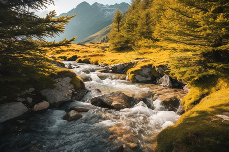 山丘中的水溪背景图片