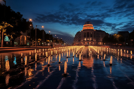 夜晚城市中的喷泉图片