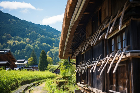 山脉中的传统房屋建筑图片