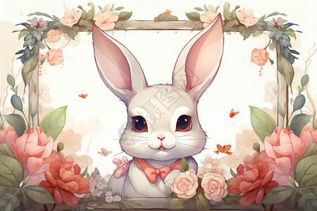 花丛相框中的卡通兔子图片