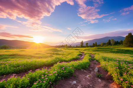 日出时夏季山间草甸的美丽景观图片