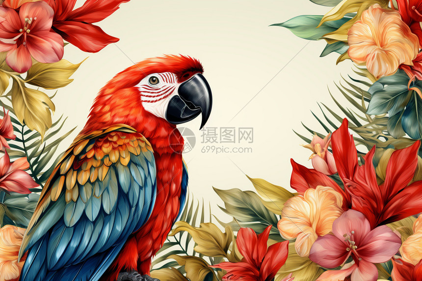 花丛中的彩色鹦鹉图片