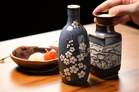 日式清酒日式传统的清酒瓷器酒具背景