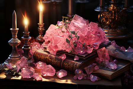 桌面上的粉红色水晶和蜡烛图片