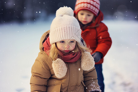 两个孩子在雪地中玩耍图片