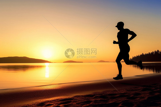 夕阳下沿海跑步的男人图片