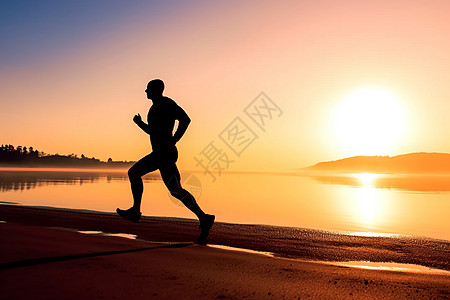 男人在日落时分沿着海滩跑步图片
