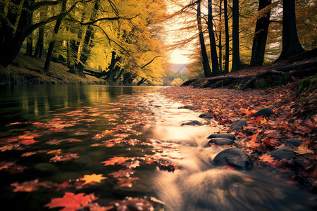 小溪中的落叶图片