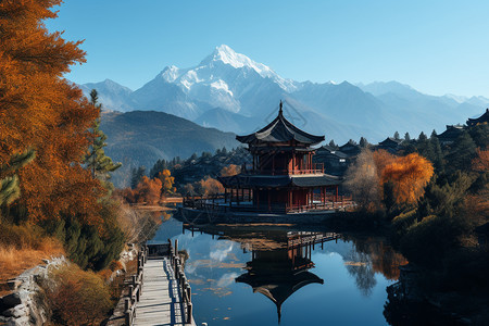 湖畔小塔的自然风景图片