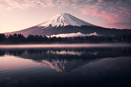 粉色云海富士山与粉色天空背景