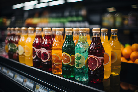 瓶装果汁超市货架上的各种饮料背景