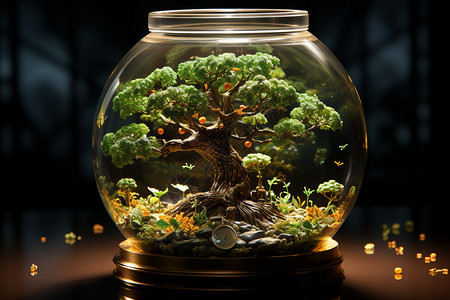 玻璃瓶中的大树景观背景图片