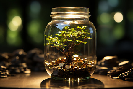 玻璃罐中生长的金币树景观图片