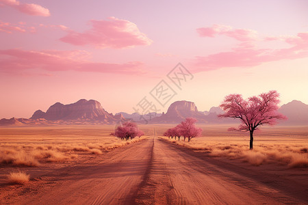 柔美黄昏下的沙漠道路图片
