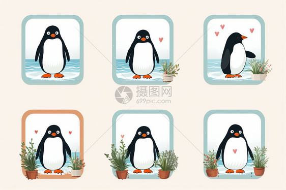 创意边框中的企鹅插画图片