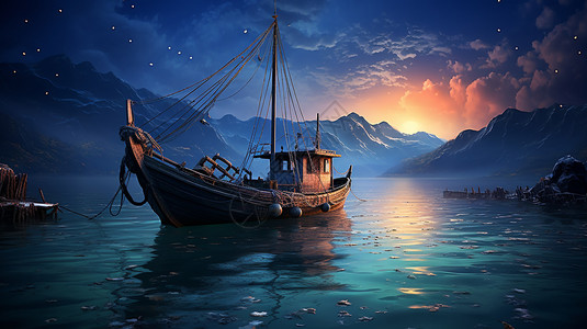 夕阳下平静海面上的渔船背景图片