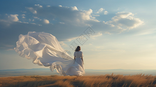 荒原上白色裙摆飘逸的女子高清图片