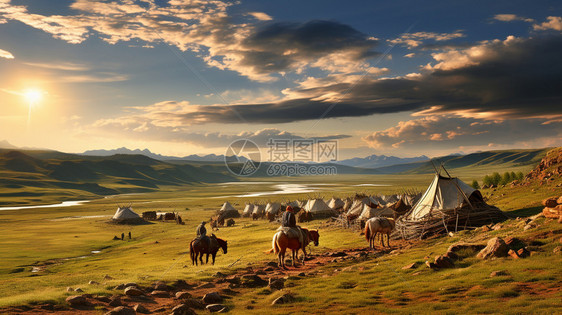 夕阳下的草原游牧生活图片