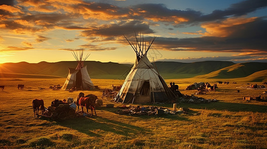 日落时草原上的蒙古包图片