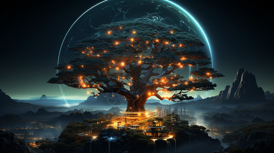 魔幻世界中的发光大树背景图片