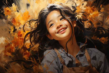 秋叶环绕的中国女孩图片