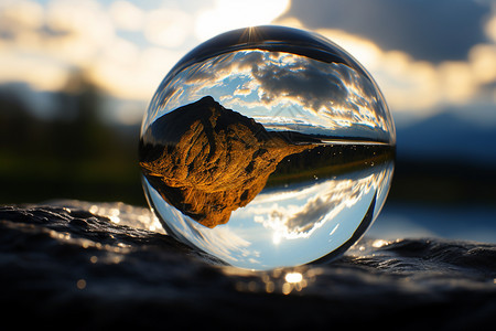 映着美景的透明水晶球图片