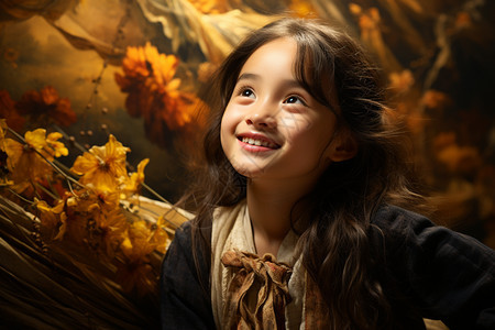 小女孩在金黄中微笑图片