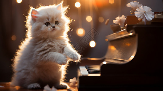 灯光下琴键旁的猫咪图片