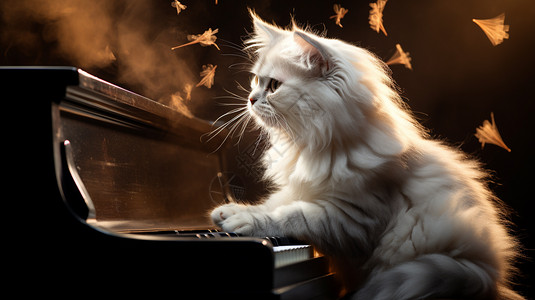 趴在钢琴键上的白猫图片