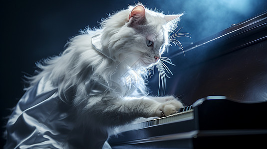弹奏钢琴的可爱白猫图片