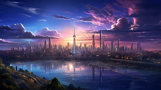 绚丽天空下的现代都市背景图片