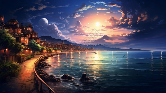 月夜下的海边城市景观背景图片
