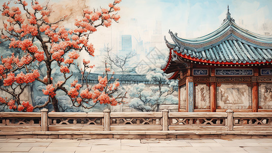 手绘中国风建筑图片