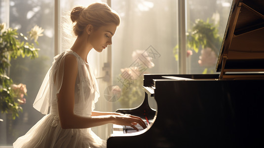 钢琴婚纱素材优雅复古的年轻女子背景