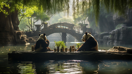 河边的两只大熊猫图片