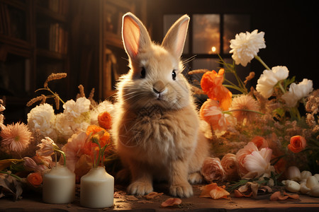 兔子坐在花束前图片