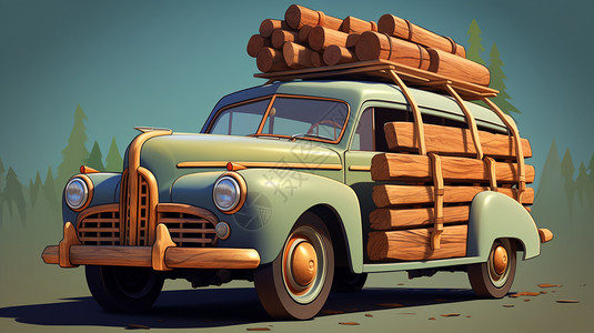 卡通风格运输木材的车辆图片