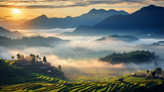 夏季农业种植梯田的美丽景观图片