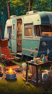 野外露营的房车插图图片