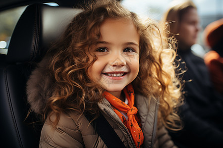 孩子们快乐地坐在汽车后座的儿童汽车座椅上图片