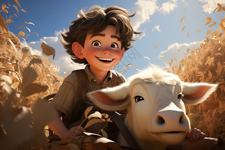 男孩和牛在田地里图片