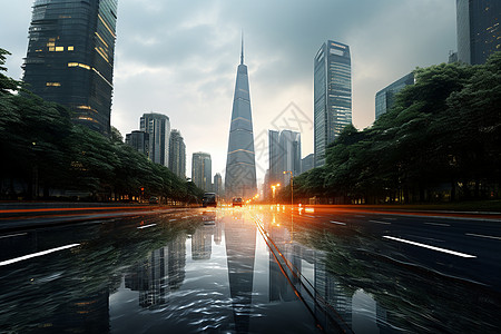 城市金钱雨后潮湿的城市道路背景