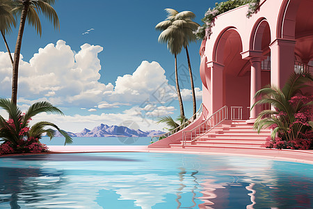 海岸上的粉色别墅旁有一个泳池图片