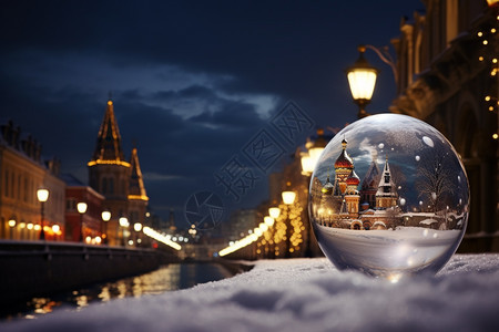 水晶球中的冬季城市夜景图片