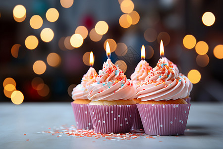 生日派对上两个装有蜡烛的杯子蛋糕图片