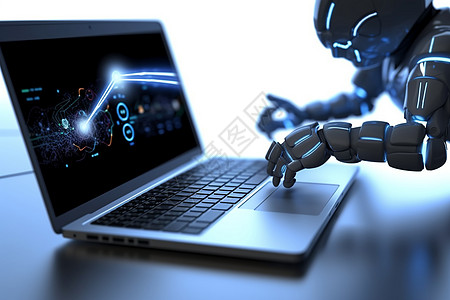 智能机器人使用笔记本电脑在桌子上工作图片