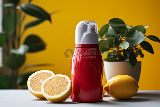 柠檬与红瓶旁的一盆植物图片