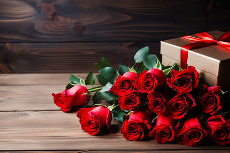 木板上的红玫瑰和礼盒图片