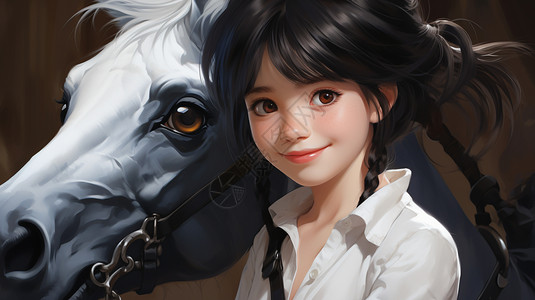 微笑牵着马的女孩图片