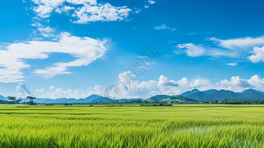 水稻蓝天种着水稻的农田背景